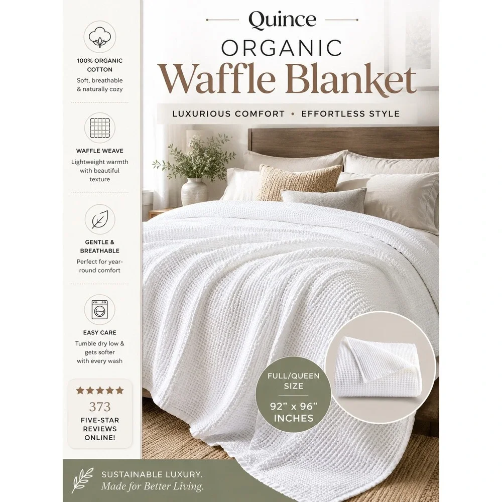 Quince Organic Waffle Bed Blanket Full/Queen White Cotton Textured Luxury New